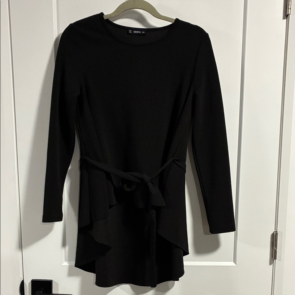 Shein black long sleeve tunic with tie detail - small
